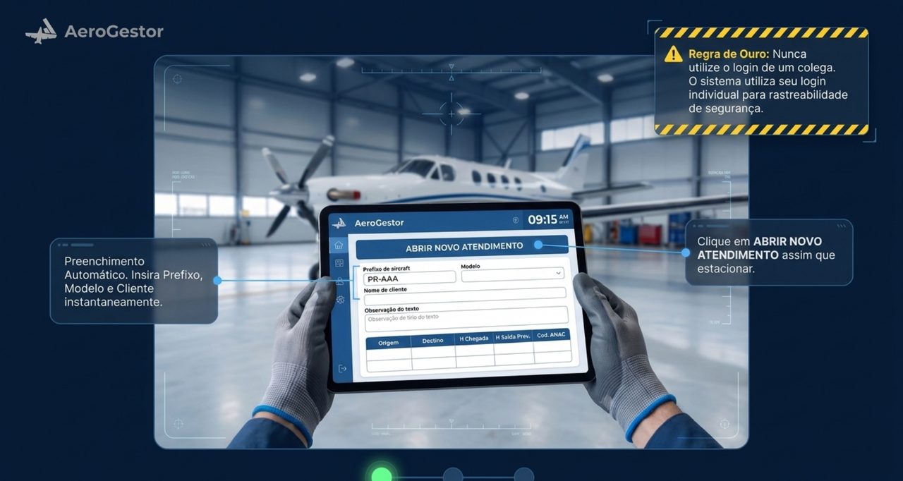 Operador abrindo novo atendimento no tablet dentro do hangar