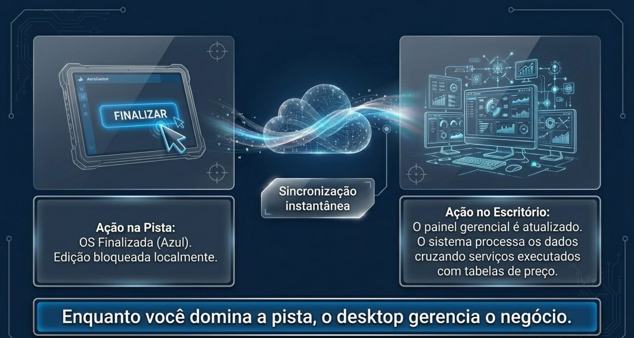 Sincronização instantânea entre o tablet na pista e o painel gerencial no escritório